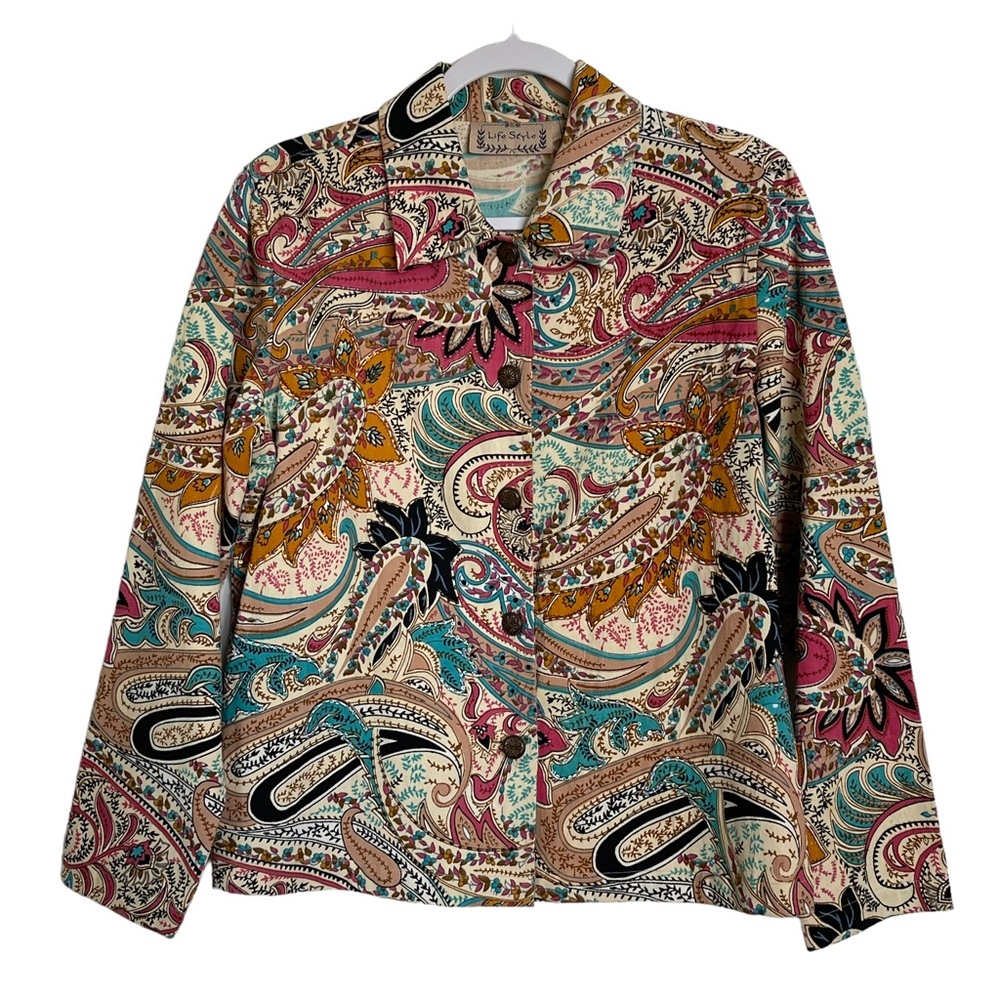 Life Style Floral Paisley Bead Sequin Embellished Jacket Artsy Cotton Size M